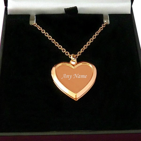Rose Gold Locket Necklace. Any Name Engraved on the Hinged Heart Locket for Women or Girls