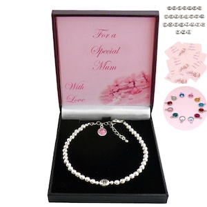 Pulsera de cuentas de plata con cuentas de letras y dijes de piedras de nacimiento de cristal, regalo para una mamá especial, hermana, niñera, amiga, mamá, etc.