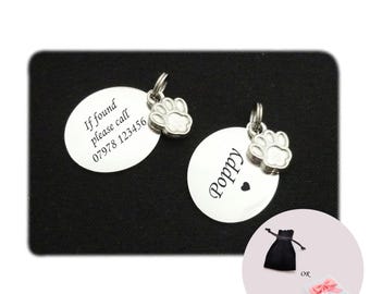 Personalised and Engraved Luxury Pet ID Tag, Cat or Dog Collar Tag with Paw Charm and Free Engraving. Gift Packaging Option. Stainless Steel