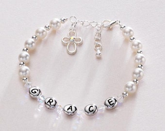 Girls Christening Bracelet with Name. Personalised Christening, Communion Gift.