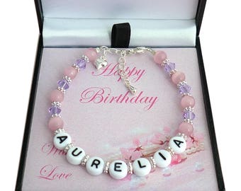 Personalised Pink Lilac Name Bracelet for a Special Girl in