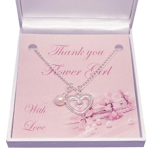 Thank You Gift for Maid of Honour, Bridesmaid or Flower Girl, Heart & Pearl Necklace in Gift Box.