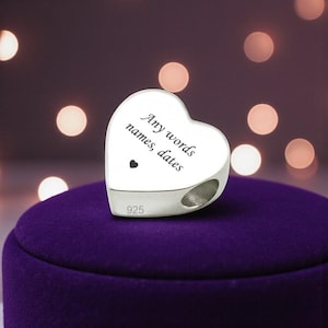 Sterling Silber Herz Bead mit personalisierter Gravur. Passend für Schlangenketten, Europäerketten.