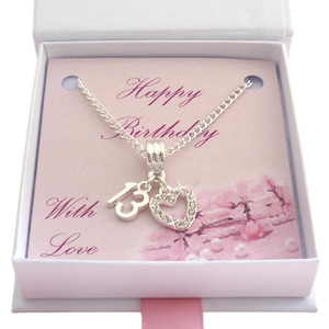 13 Jahre Geburtstag Halskette Geschenk für 13 Jahre, Silber und Kristall 13 Anhänger auf Karte in Geschenk-Box für Tochter, Schwester, Nichte, Enkelin, Freundin