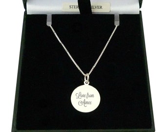 Gravierte runde Anhänger-Halskette.925 Sterlingsilber- personalisiertes Geburtstags-Geschenk