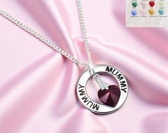 Mummy Birthstone Heart Necklace, Steel Ring Pendant, Swarovski Crystal (Gift Boxed)