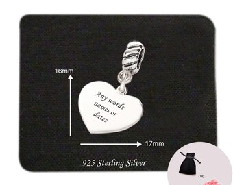 Personalisierte gravierte Herz Charm, 925 Sterling Silber Dangle Bail Armband Bead