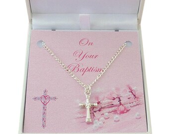 Sterling Silver Plated Cross Necklace for Baptism Gift, Keepsake Jewellery