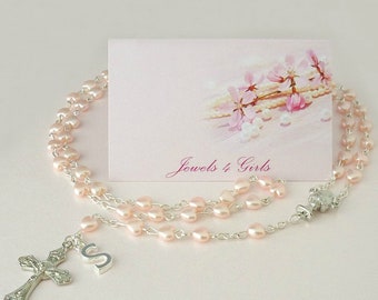 Personalised Rosary Beads Made with Any Letter / Initial, Pretty Heart Shaped Pink Beads.