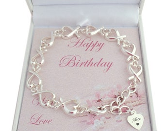 Happy Birthday Bracelet, Engraved Silver Charm, Chain Bracelet with Heart Links. Personalised Sterling Silver Heart Charm. Gift Boxed.