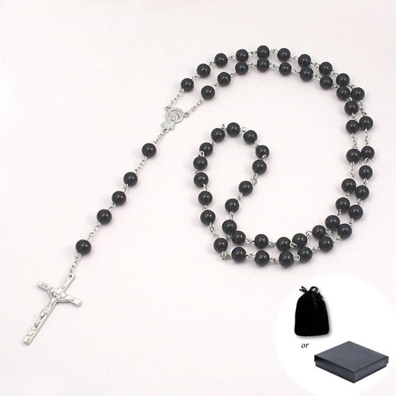Amazon.com: Nazareth Store Black Blue Rosary Beaded Necklace Multi Color  Crystallized Glass Beads Chaplet Miraculous Medal & Cross - Velvet Bag :  Clothing, Shoes & Jewelry