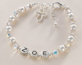 Girl's Name Bracelet with Crystals and Pearls. Christening, First Communion, Baptism Gift.