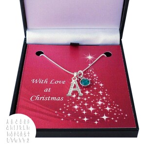 Collar con letra en plata de ley 925 en caja de regalo de Navidad, con dije de piedra natal, regalo de Navidad para mujeres o niñas. Cualquier colgante con inicial.
