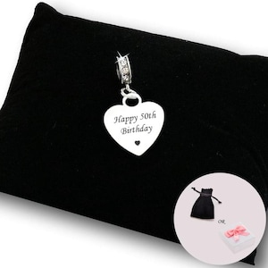 Happy 50th Birthday Charm, Engraved Gift for Age 50, Engraved Heart Charm for Snake Chains.