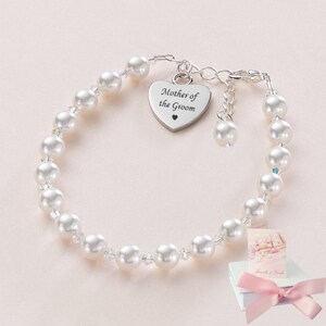 Personalised Gift for Mother of the Groom, Engraved Bracelet with White Pearls in a Pretty Gift Box with Mini Gift Card.