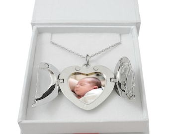 Angel Wings Ladies Heart Locket Necklace, Personalised with Photo and Engraving