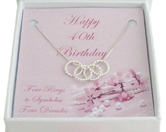 Collier 40e anniversaire en argent sterling, quatre anneaux décennie