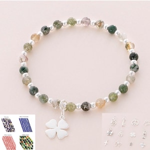 Pulsera apilable de cuentas y piedras preciosas de plata esterlina, bolas de plata apilables, pulsera elástica, con amuleto elegido, amor, llave, letra, etc.