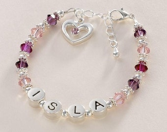 Girl's Name Bracelet with Crystals & Heart Charm. Personalised Jewellery for Girls.