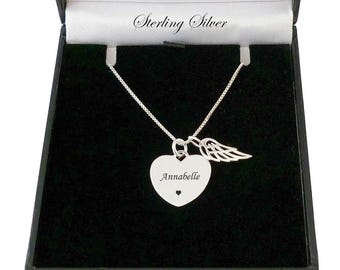 Sterling Silver Necklace. Engraved Heart with Angel Wing. Personalised with your own Engraving.