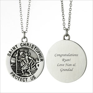 Engraved Saint Christopher Necklace. Personalised Gift for Man, Woman, Boy or Girl