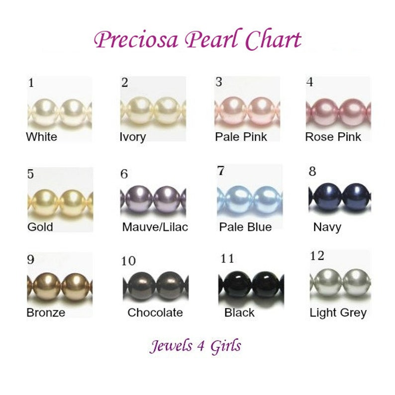 May include: A Preciosa Pearl Chart displaying twelve numbered color options for beads. The colors include white, ivory, pale pink, rose pink, gold, mauve/lilac, pale blue, navy, bronze, chocolate, black, and light grey. The text Jewels 4 Girls is at the bottom.