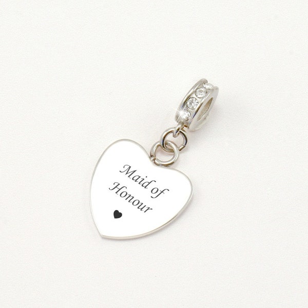 Maid of Honour Charm, Wedding Thank You Gift, Engraved Heart Charm for Snake Chains.