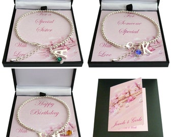 Birthstone Bracelet with Letter Charm and Silver Beads in a Gift Box for Mummy, Niece, Nan, Sister, Fiancée, Daughter, Goddaughter etc...