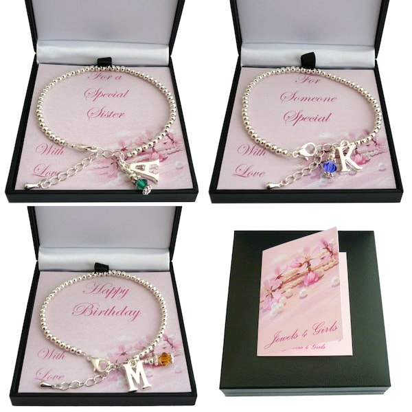 Birthstone Bracelet with Letter Charm and Silver Beads in a Gift Box for Mummy, Niece, Nan, Sister, Fiancée, Daughter, Goddaughter etc...