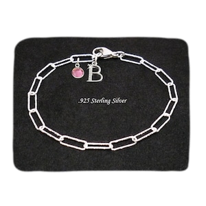 Hermosa pulsera de clip de papel, plata con corte de diamante, pulsera de cadena con dijes de letras y piedras de nacimiento. Talla para mujeres y niñas. En caja de regalo