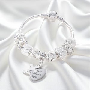 Personalised Bracelet for Girls First Holy Communion Gift, Engraved Heart Charm, Silver and White Charm Beads, Cross, European Style.