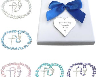 Jungen Rosenkranz Perlen in personalisierter Geschenkbox. Beliebige Gravur. Kleinere 6 mm Perlen. für Kinder, Verschiedene Farben.