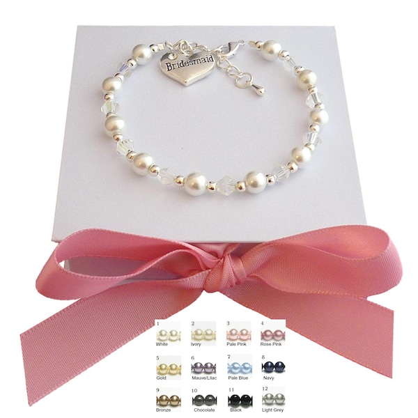 Bridesmaid Bracelet, High Quality Pearl Bracelet with Bridesmaid Charm, Gift, Many Colours Available