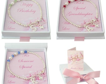 Birthstone Bracelet with Letter Charm, Gift Boxed for Special Sister, Daughter, Nanny, Goddaughter, Mum etc
