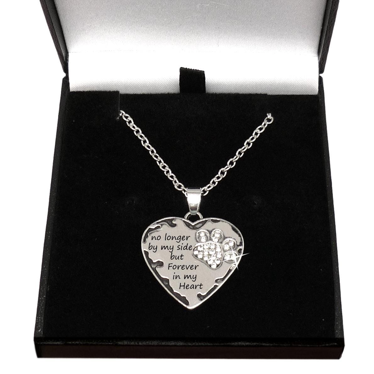 No Longer By My Side but Forever in My Heart Necklace. Loss of Dog, Cat, Pet Gift. Paw with Crystals on Heart Pendant. Sympathy Gift.