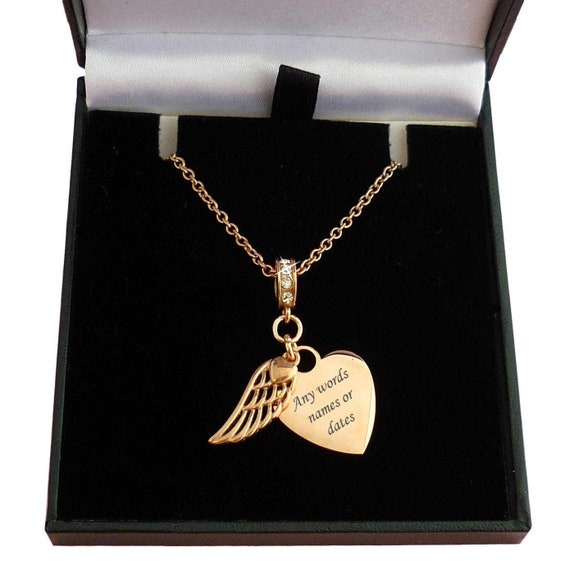 Personalised Rose Gold Necklace With Engraving Angel Wing Heart
