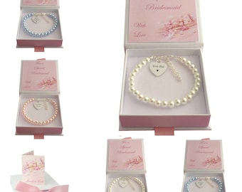 Personalised Bracelets for Bridesmaid, Flower Girl, Maid of Honour with Pearls & Engraved Heart Charm.