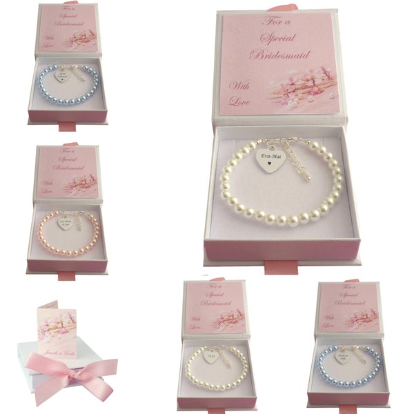 Personalised Bracelets for Bridesmaid, Flower Girl, Maid of Honour with Pearls & Engraved Heart Charm.