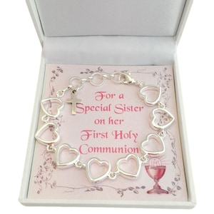 Bracelet coeur personnalisé première communion avec breloque croix sur carte pour fille, soeur, etc.