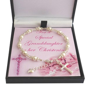 Pulsera de bautizo de perlas, caja de regalo con tarjeta a elegir para hija, ahijada, nieta, sobrina, hermana o niña especial.
