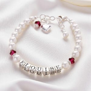 Luxury Personalised Bracelet for Girls, Sterling Silver, Pearls and Birthstones, Any Girl&#39;s Name.