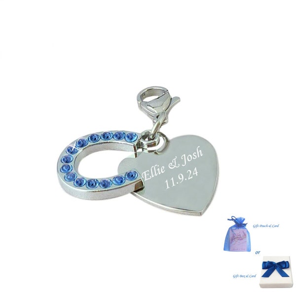 Something Blue Horseshoe Charm with Personalised Engraving on the Heart Charm