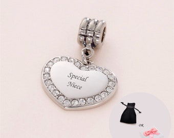 Niece Charm, Engraved Charm with Crystals on Bail. Can Be Personalised. Gift for Niece. European Style.