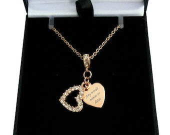 Rose Gold Crystal Heart Necklace with Engraving with Various Chain Lengths available.
