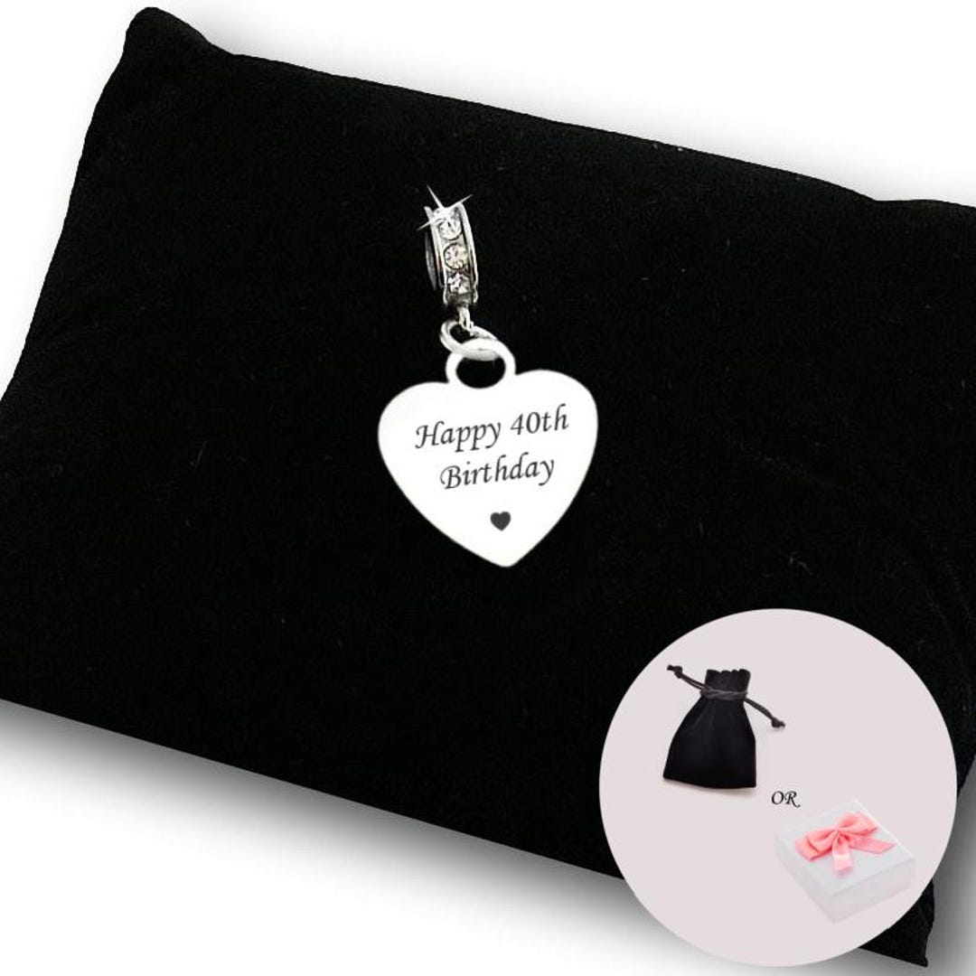 Happy 40th Birthday Charm, Personalised Gift, Engraved Heart Charm