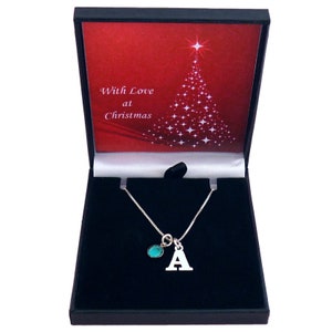 Collar con letra en plata de ley 925 con colgante de canal con piedra de nacimiento, regalo de Navidad para mujer o niña.
