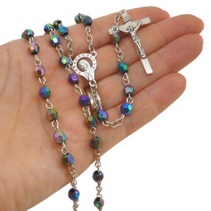 High Quality Iridescent Glass Rosary Beads with a Virgin Mary Centrepiece and a Crucifix Cross.