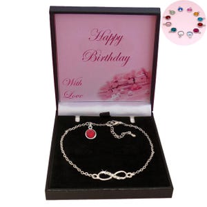 Delicada pulsera de piedra natal con símbolo de infinito. Regalo para mamá, hermana, hija, niñera, nieta, sobrina, mamá, etc.