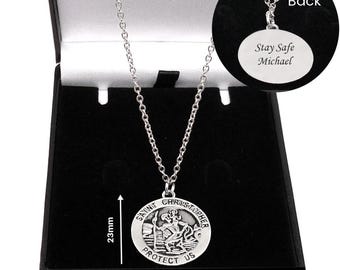 Engraved Saint Christopher Necklace. Personalised Gift for a Boy or Girl, St Christopher, Travel Gift. 23mm.