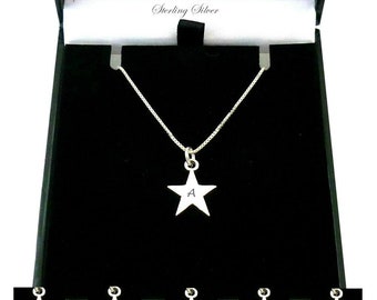 Sterling Silver Initial Necklace, Star Pendant with Any Letter Engraved on Star.